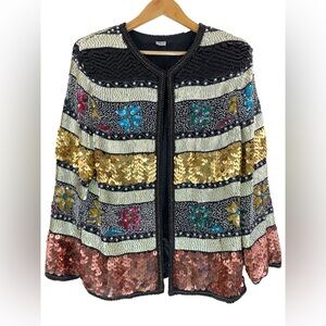 Vintage Silk Sequin Beaded Jacket Size L Floral Embellished Boho Glam